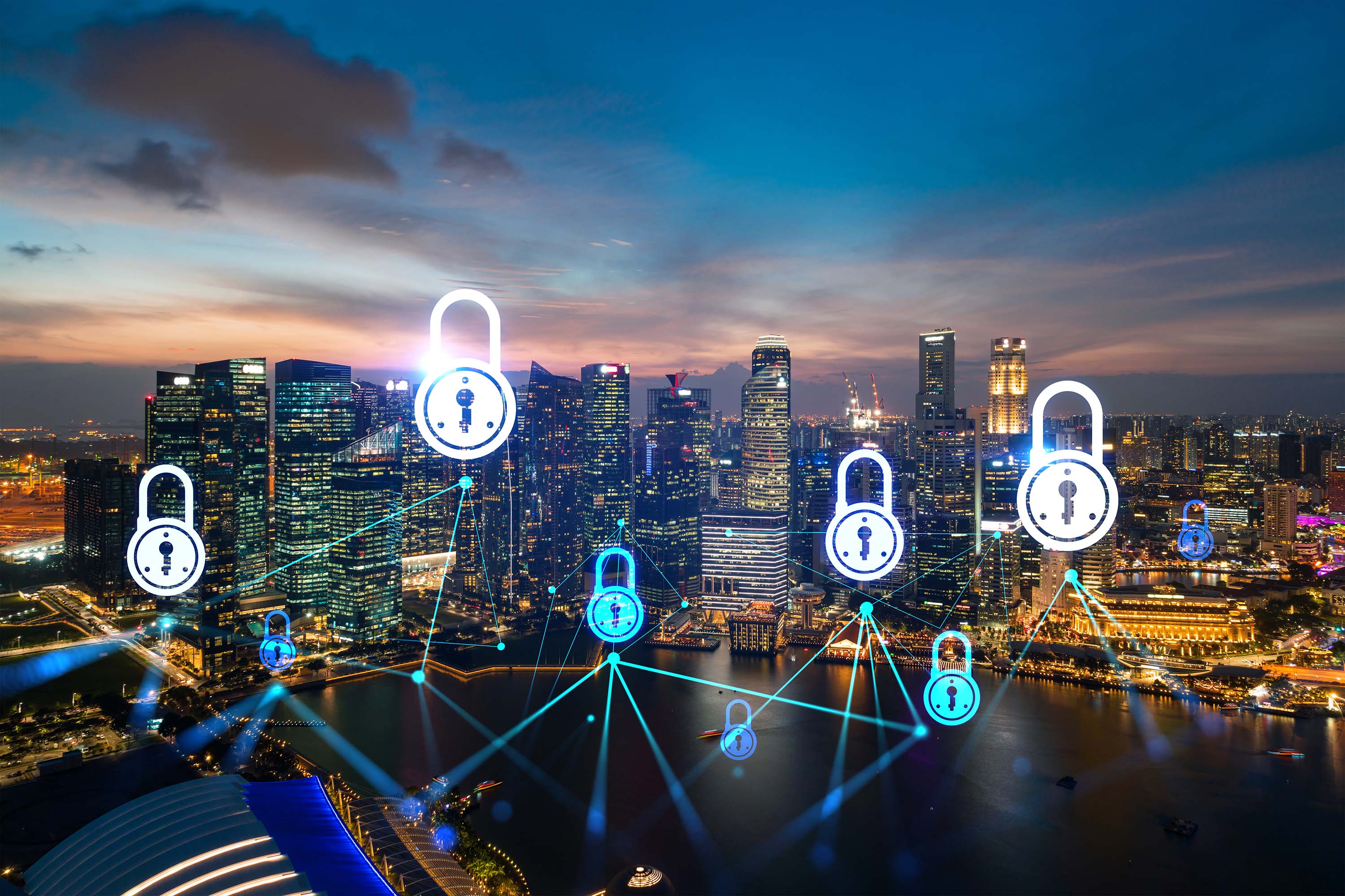 A panorama metropolitan night view with virtual lock icons connecting each other with lines