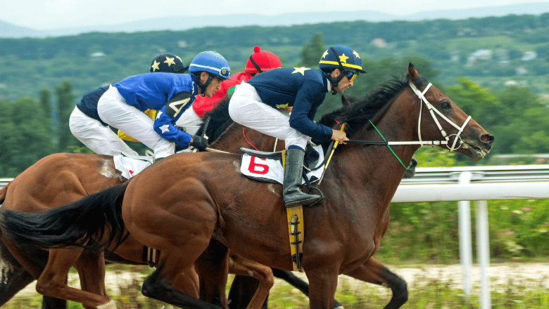Horse racing action shot showing two jockeys in blue and red silks riding brown horses on a dirt track with a green, hilly background.