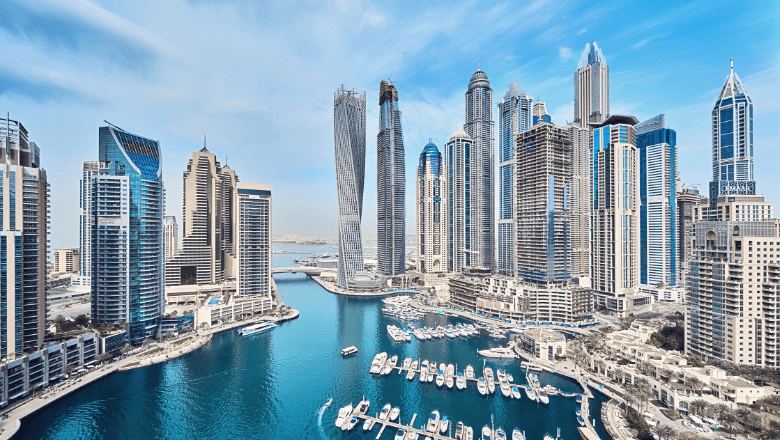 Panoramic view of Dubai skyscrapers along the coastline