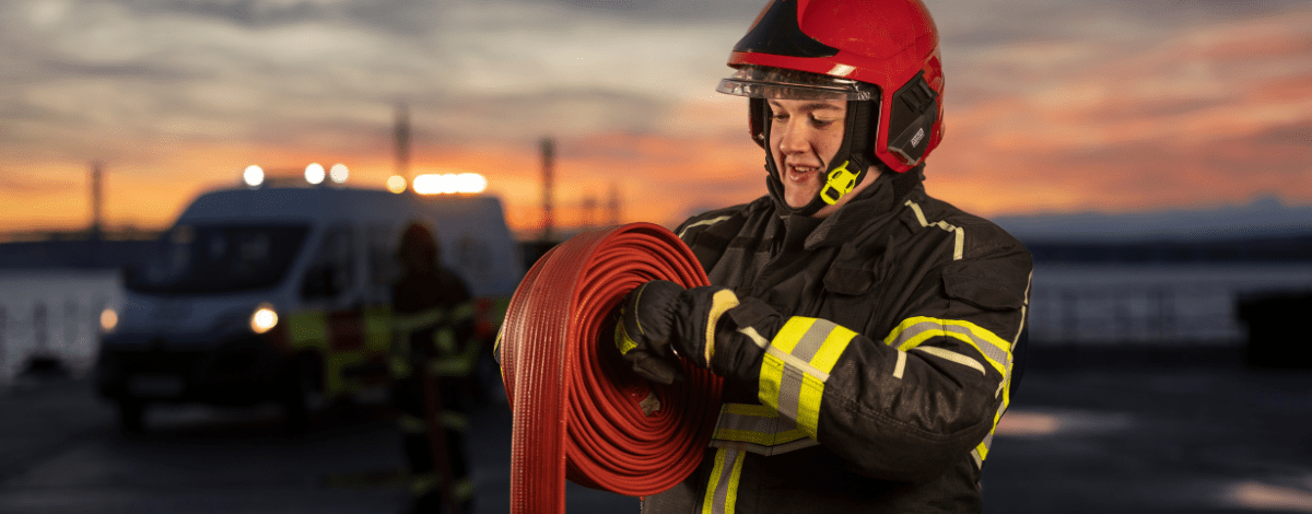 Fire guard preparing a water hose for emergency