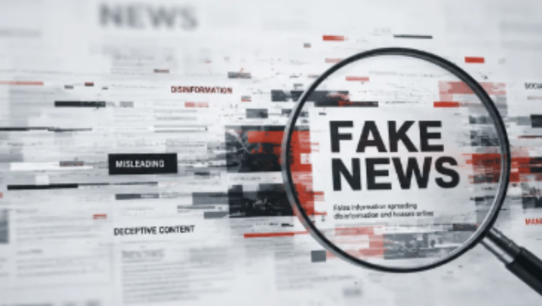 A magnifying glass focusing on the words "FAKE NEWS" over a blurry, glitchy background of news headlines containing words like "DISINFORMATION" and "MISLEADING."