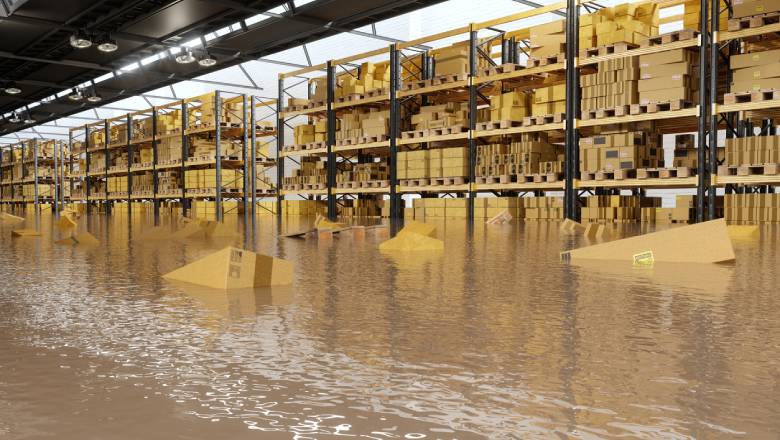 An image of a parcels floating in a flooded warehouse