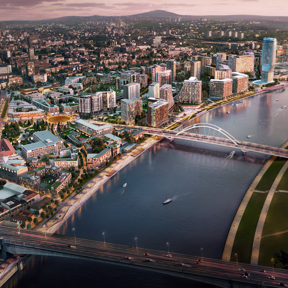 Aerial view of the Belgrade Waterfront urban development project