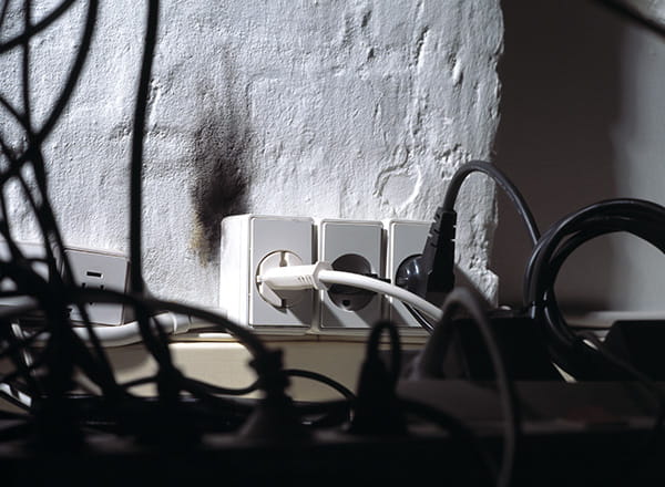 Ledninger og stikkontakter i væg der er sort