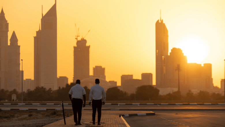 Sunset view with two men walking