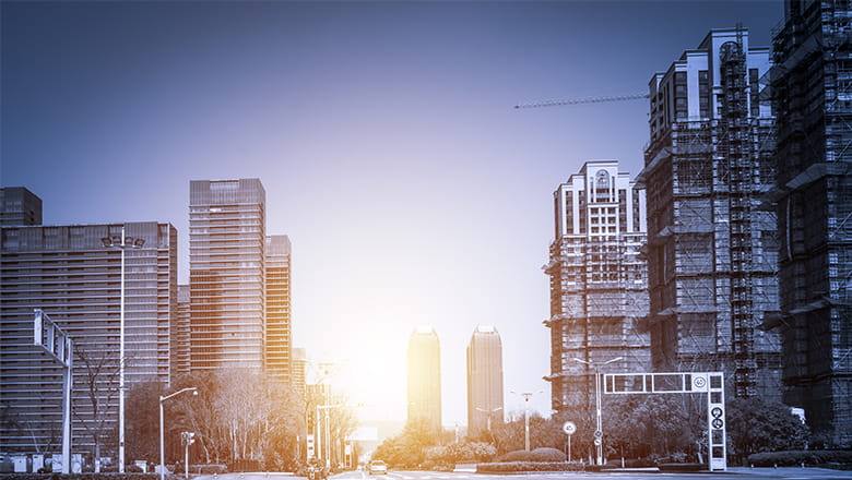 City skyline at sunrise