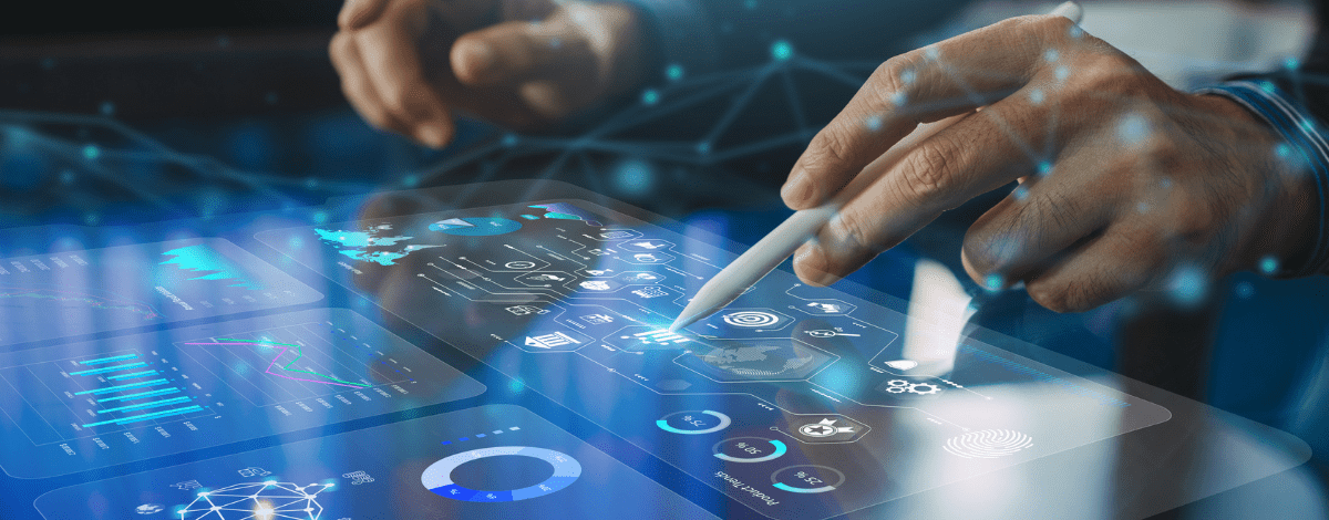 Close-up of a hand using a stylus on a glowing digital interface featuring data charts, world maps, and risk analytics icons.
