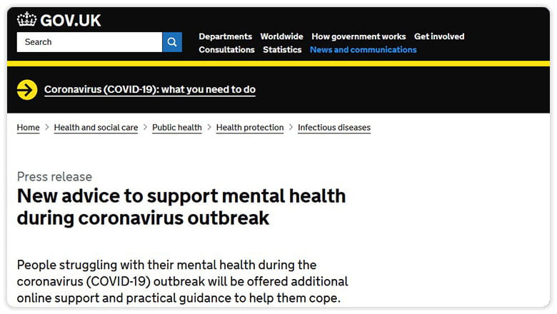 Gov.uk new advice to support mental health during coronavirus outbreak