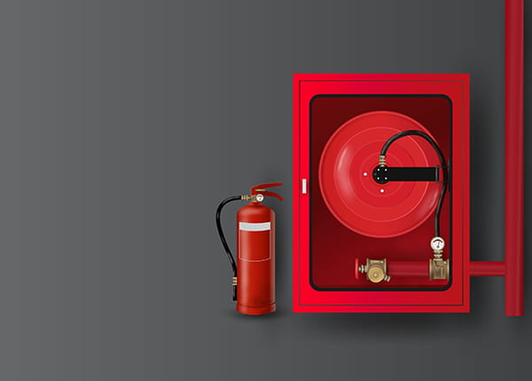 Fire and life safety system and a fire distinguisher with a grey background