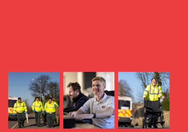 Three images of different Patient Transport Services staff. Two of them with crews walking down a street, carrying oxygen and manual handling equipment, with an ambulance in the background. And one image of two colleagues at their desks, in a control room.