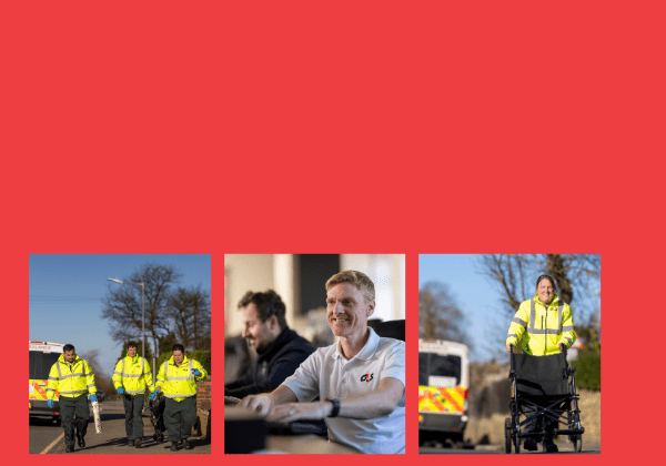 Three images of different Patient Transport Services staff. Two of them with crews walking down a street, carrying oxygen and manual handling equipment, with an ambulance in the background. And one image of two colleagues at their desks, in a control room.