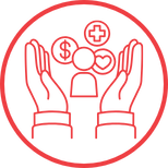 A round logo with four icons representing health, wellbeing, people and currency, between two sharing hands. This illustrates the Social Value efforts from G4S PTS.