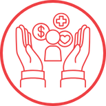 A round logo with four icons representing health, wellbeing, people and currency, between two sharing hands. This illustrates the Social Value efforts from G4S PTS.