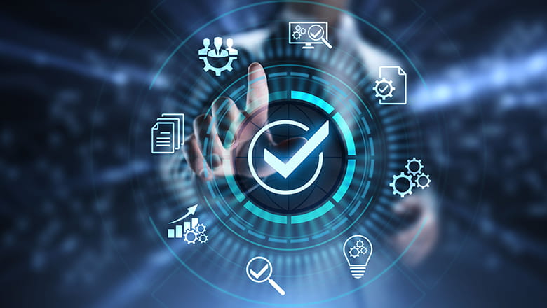 Virtual tick surrounded by different digital icons