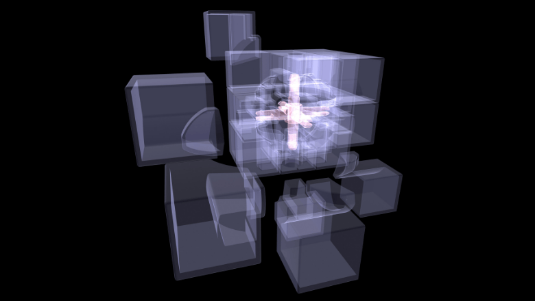 Virtual boxes floating in a black background