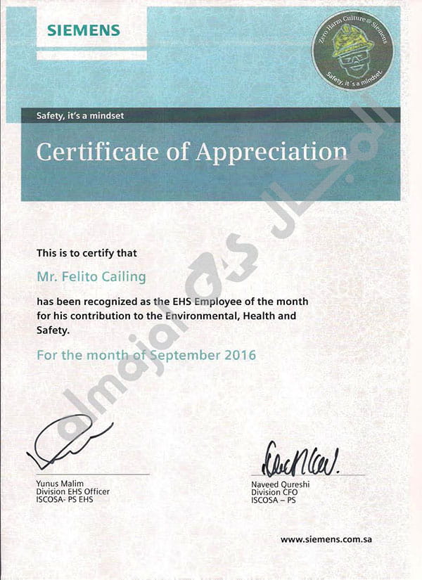 Certificate of Appreciation from SIEMENS Company litter
