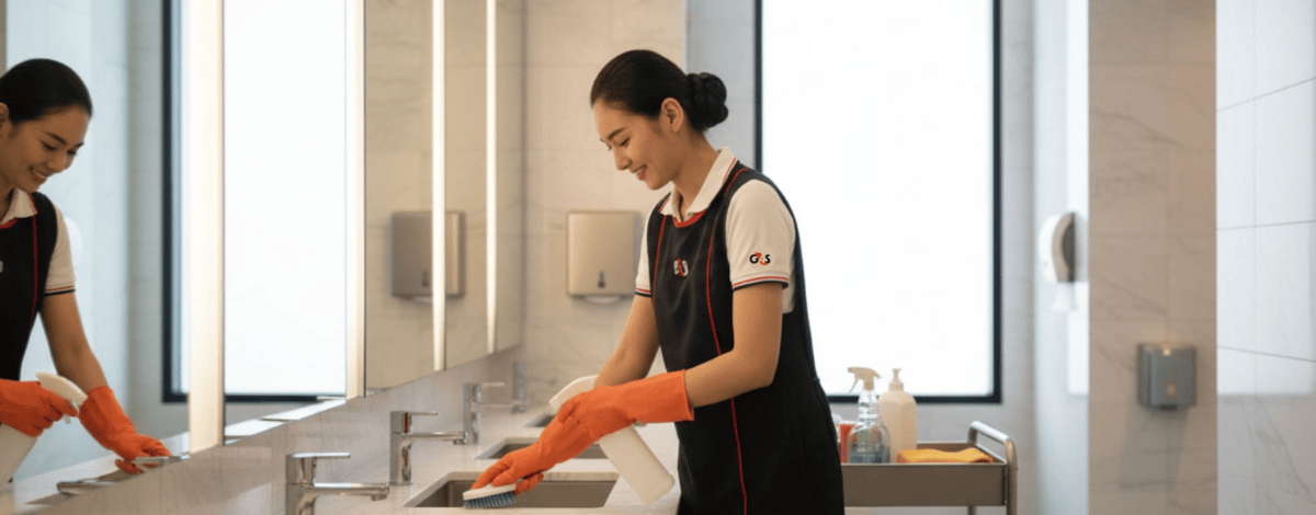 Professional cleaner sanitizing a restroom sink