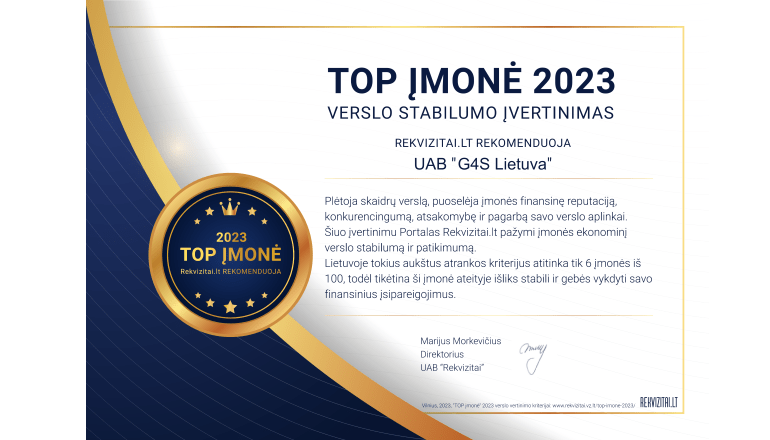 G4S Lietuva gavo "Top įmonės 2023" įvertinimą