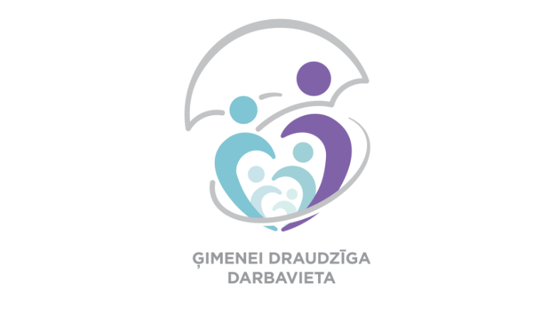 Ģimenei draudzīga darba vieta logo, simboliski cilvēki zem lietussarga