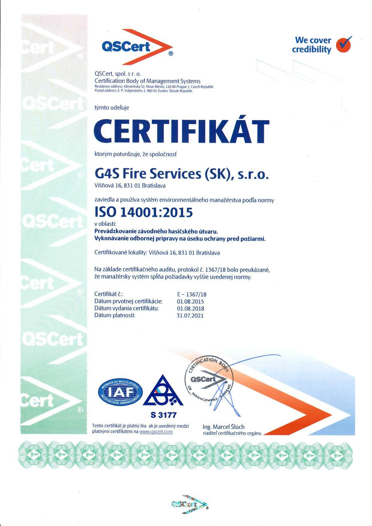 G4S Slovakia 14001 Certifikat
