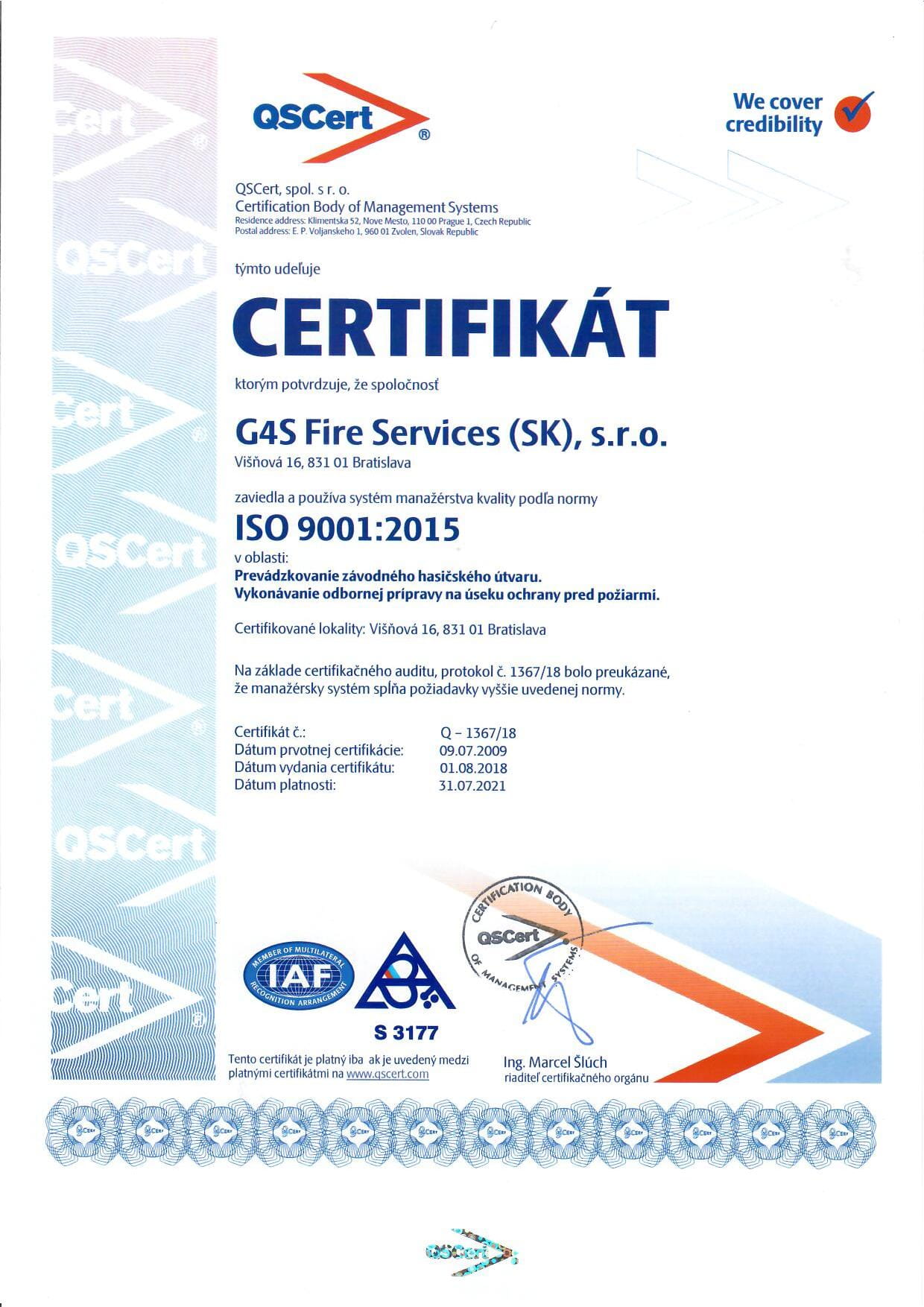 G4S Slovakia - 9001 Certifikat