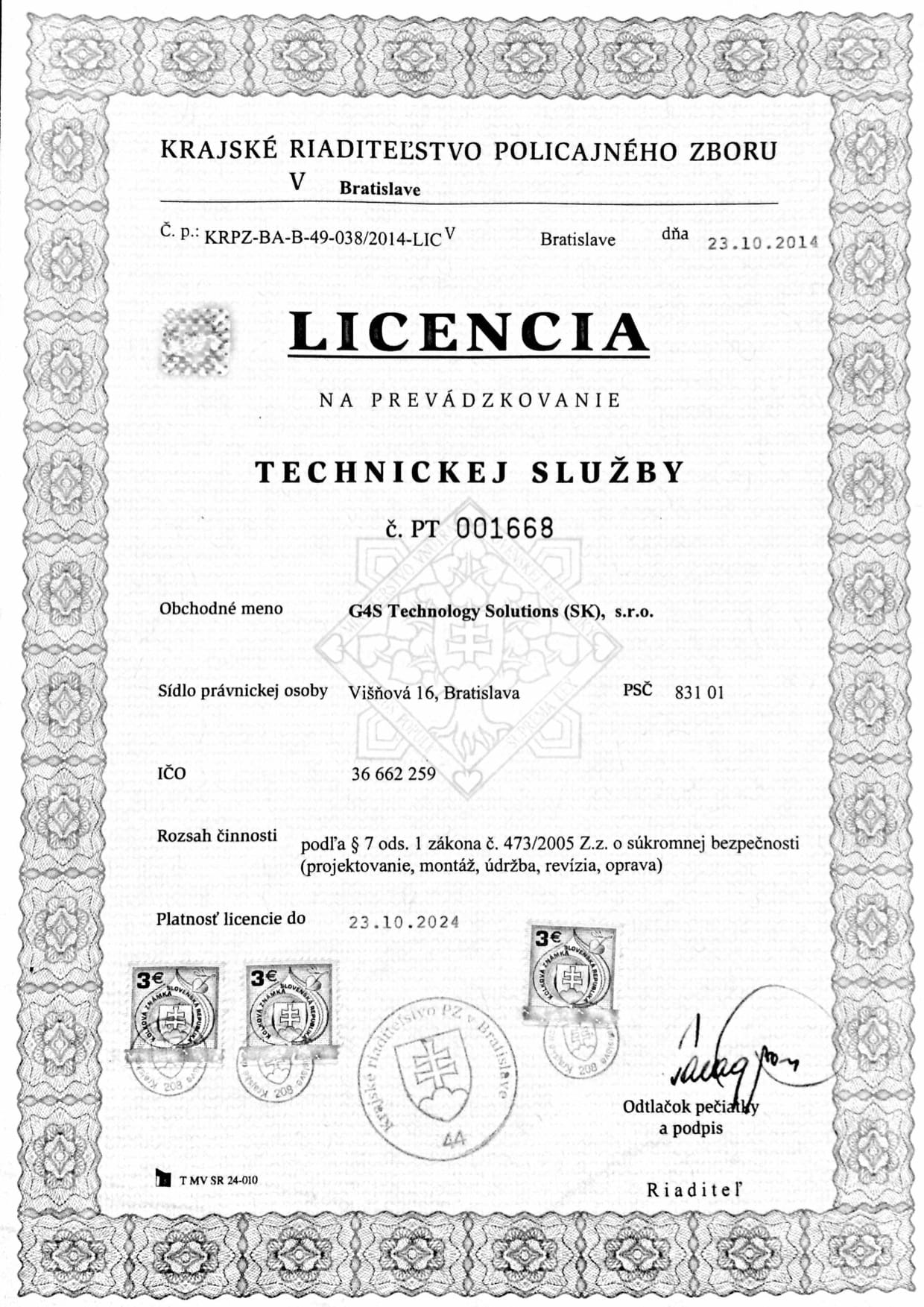 Licencia - Technickej Sluzby