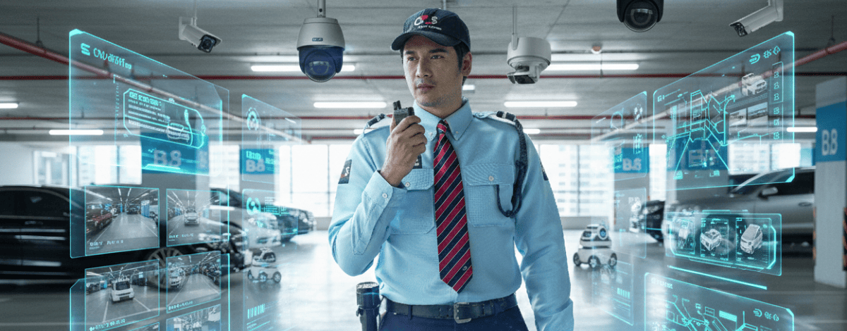 เจ้าหน้าที่รักษาความปลอดภัยของ G4S ในเครื่องแบบยืนอย่างตั้งใจที่แผงควบคุมหรือเคาน์เตอร์ต้อนรับภายในอาคารพาณิชย์ที่ทันสมัยในประเทศไทย